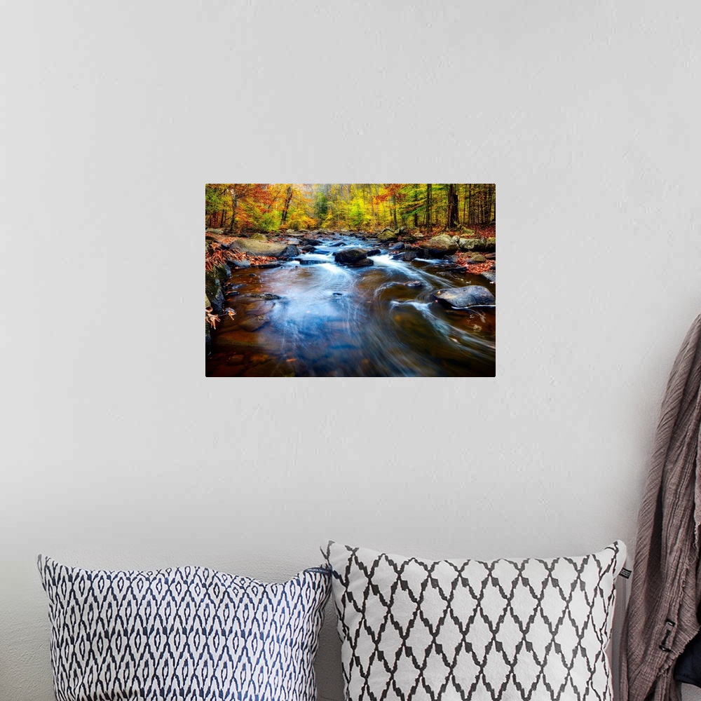 A bohemian room featuring Rushing water in a river in a forest in autumn, New Jersey.