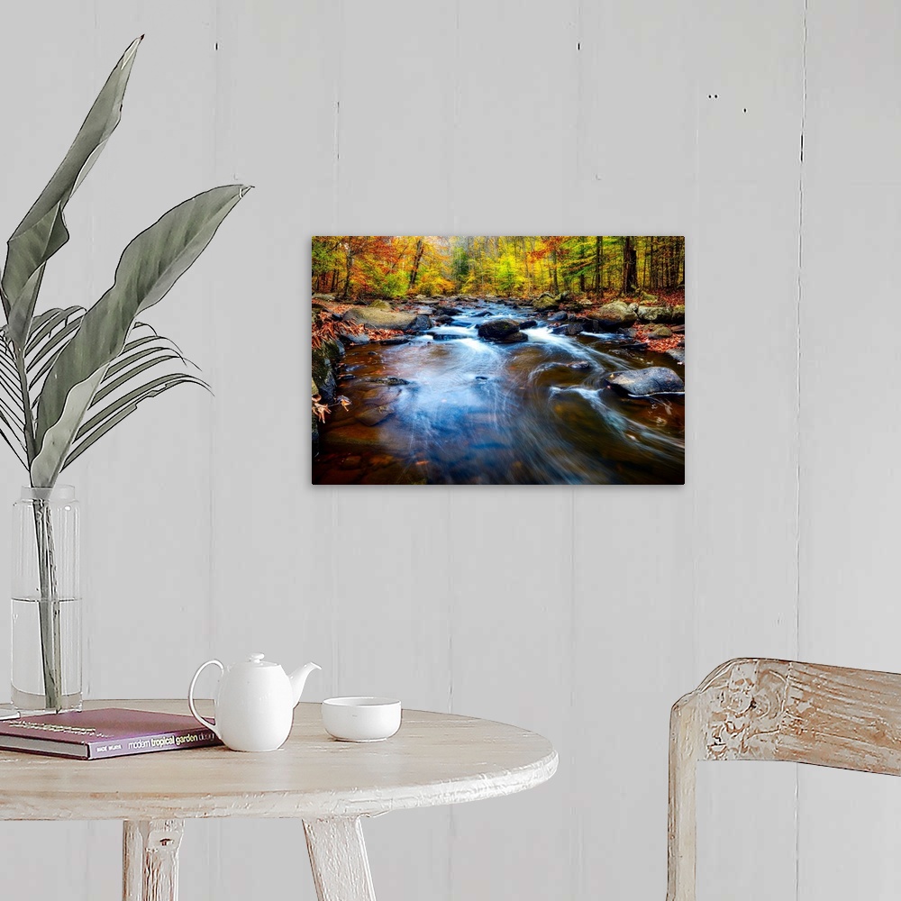 A farmhouse room featuring Rushing water in a river in a forest in autumn, New Jersey.