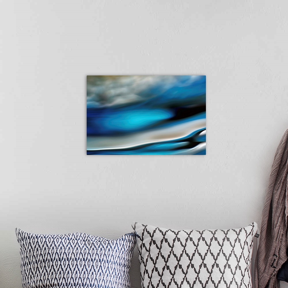 A bohemian room featuring Abstract photo of smooth waves in cool tones.