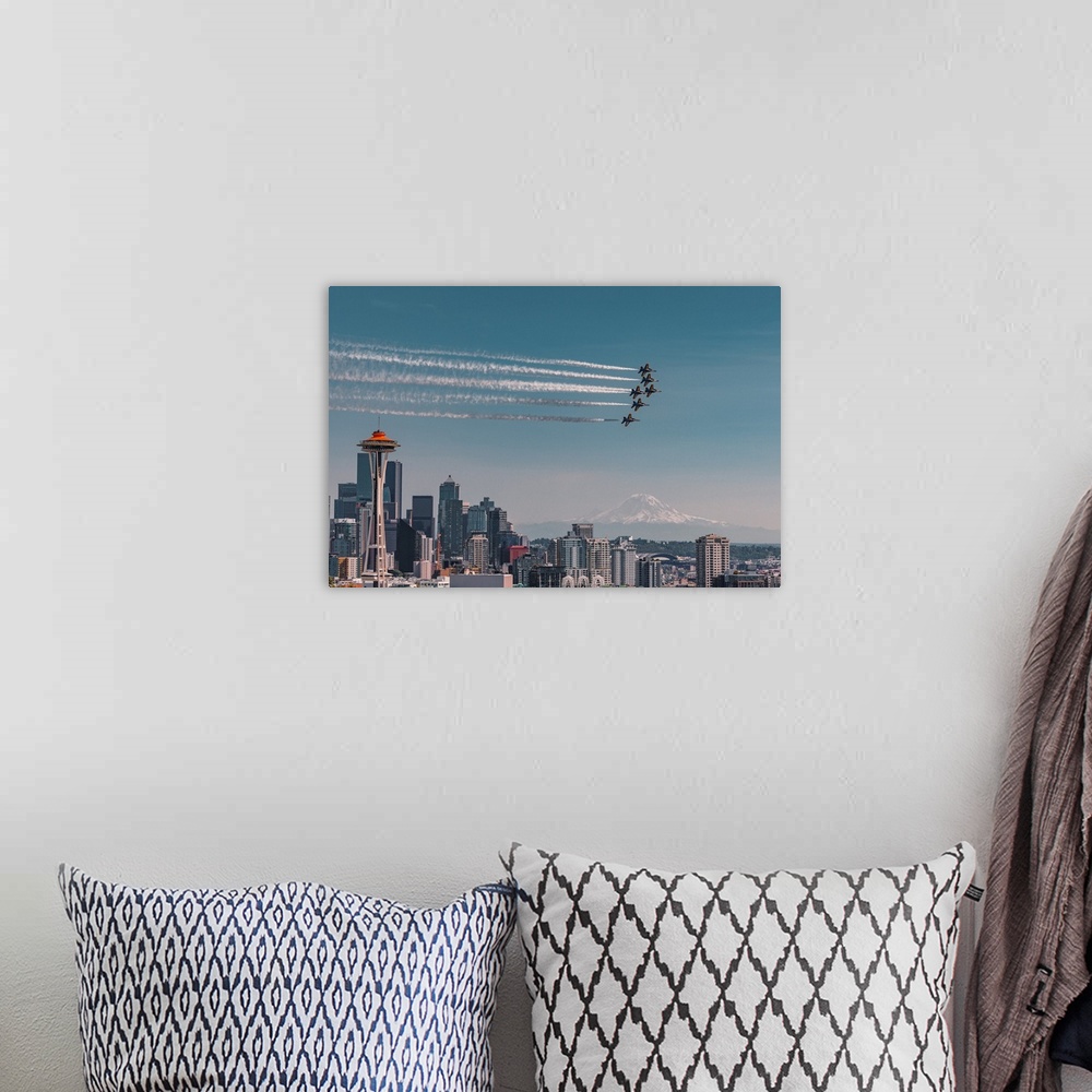 A bohemian room featuring Blue Angels air show over Space Needle in Seattle with Mt Rainier in the background.