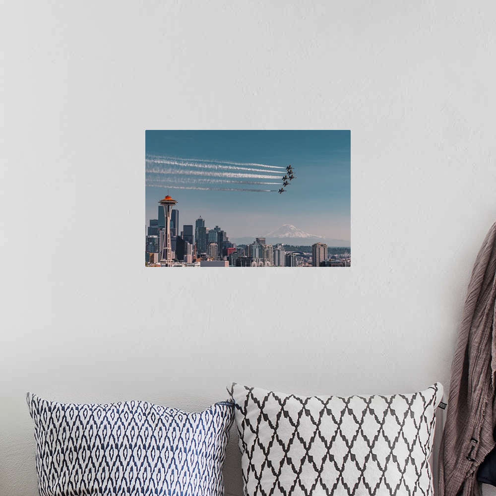 A bohemian room featuring Blue Angels air show over Space Needle in Seattle with Mt Rainier in the background.
