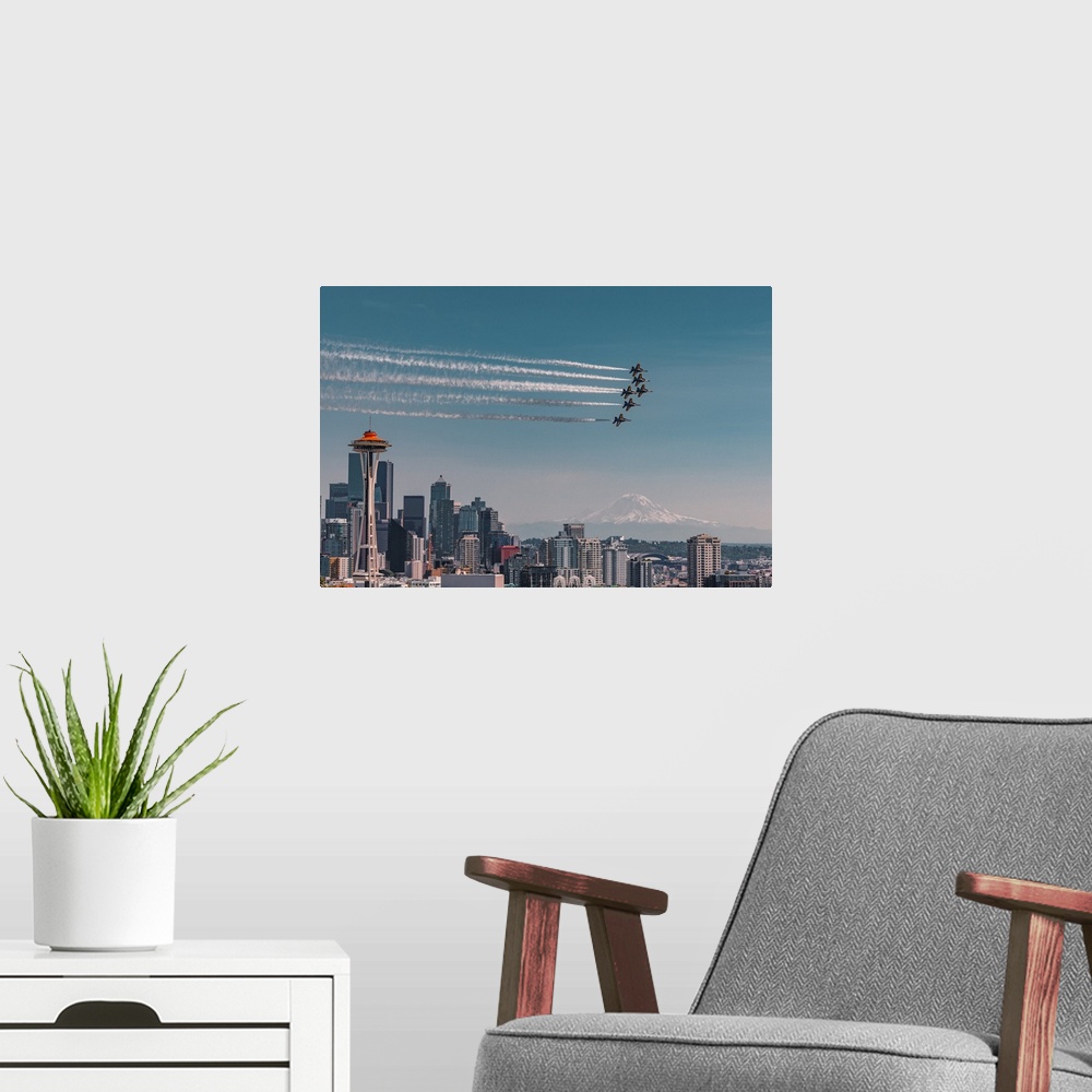 A modern room featuring Blue Angels air show over Space Needle in Seattle with Mt Rainier in the background.