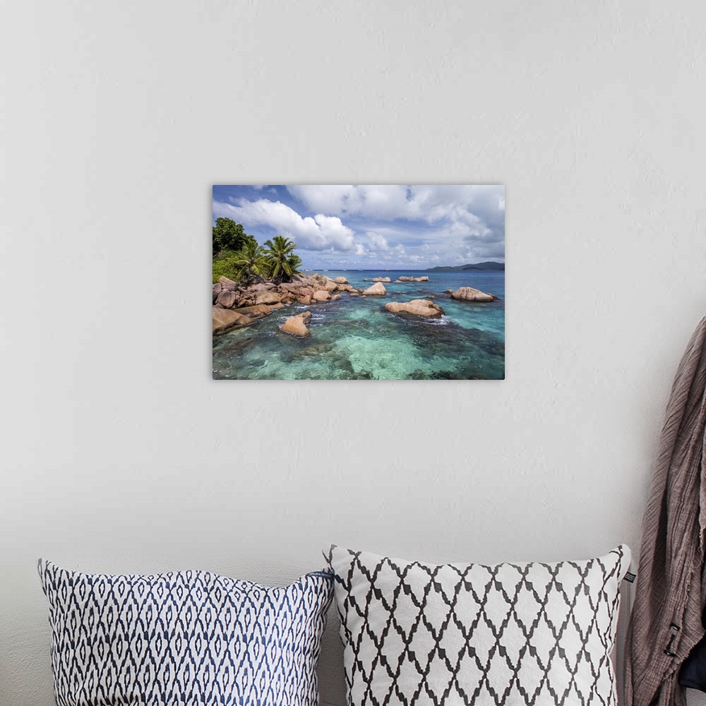 A bohemian room featuring An aerial image of La Digue, a small island in the Seychelles archipelago. From above you can cle...