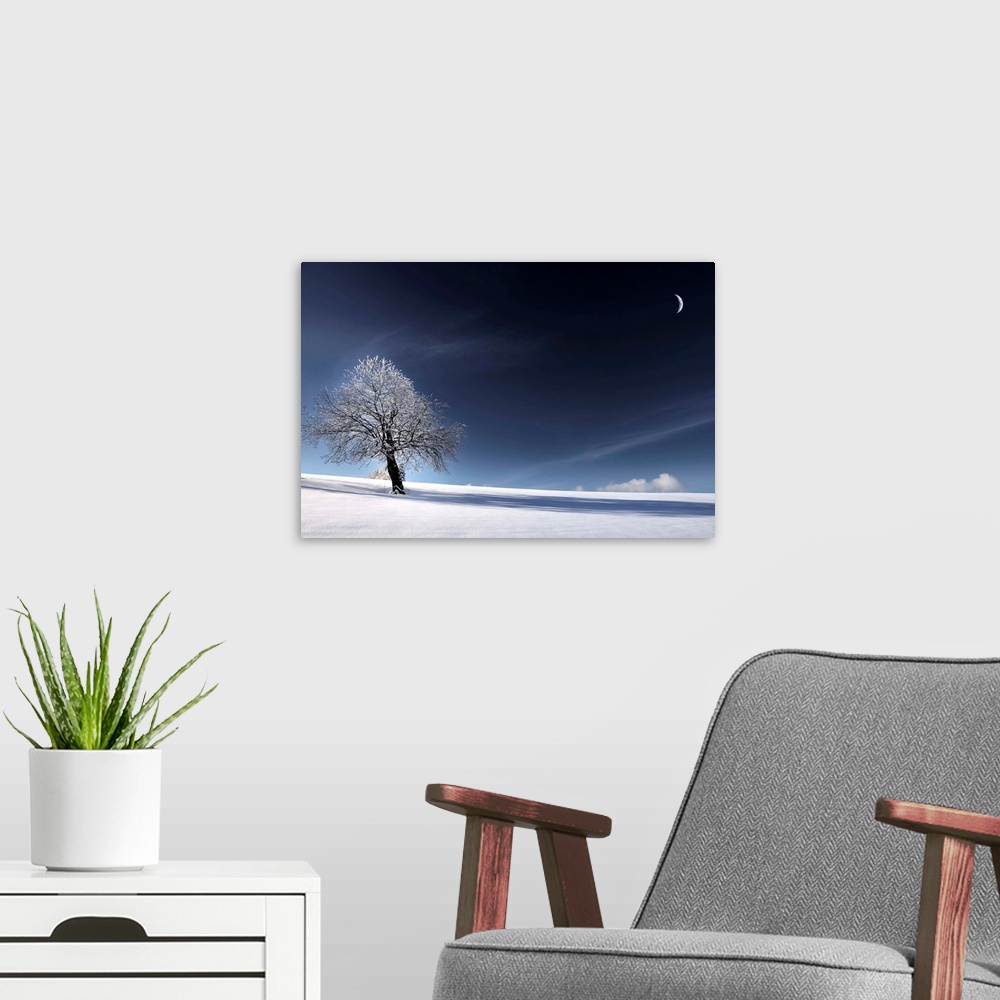 A modern room featuring Snowy landscape with the moon