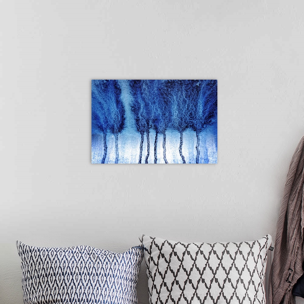 A bohemian room featuring Abstract artistic photograph of blue paint dripping down a surface.