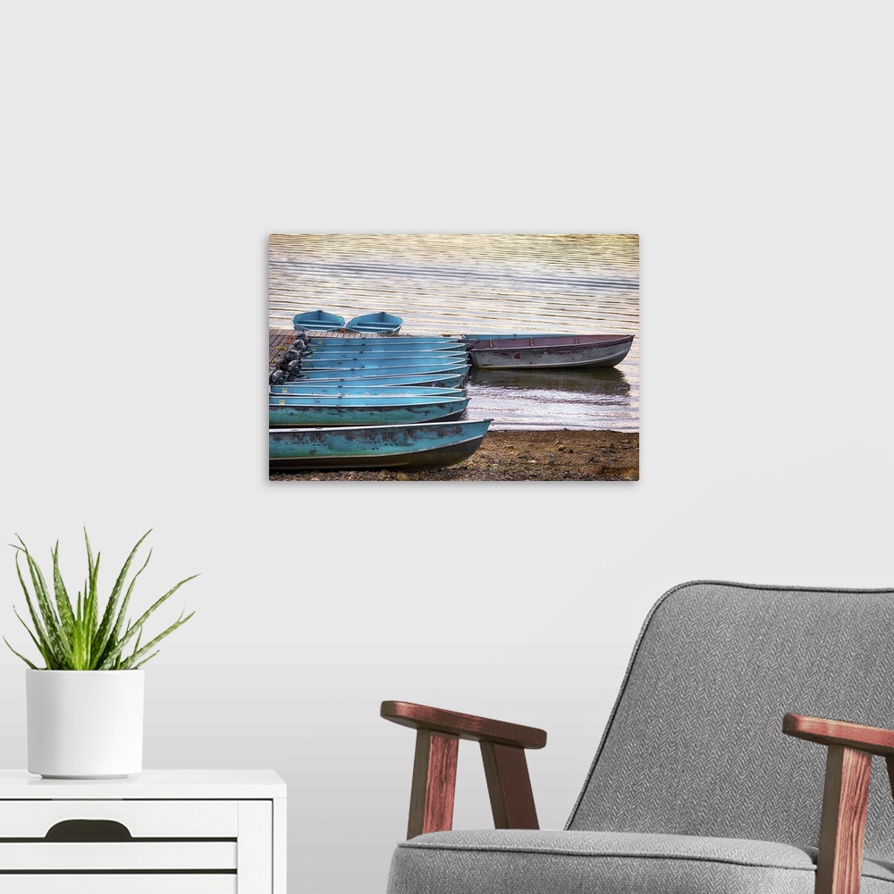A modern room featuring A photograph of blue row boats sitting on the shoreline of a lake.