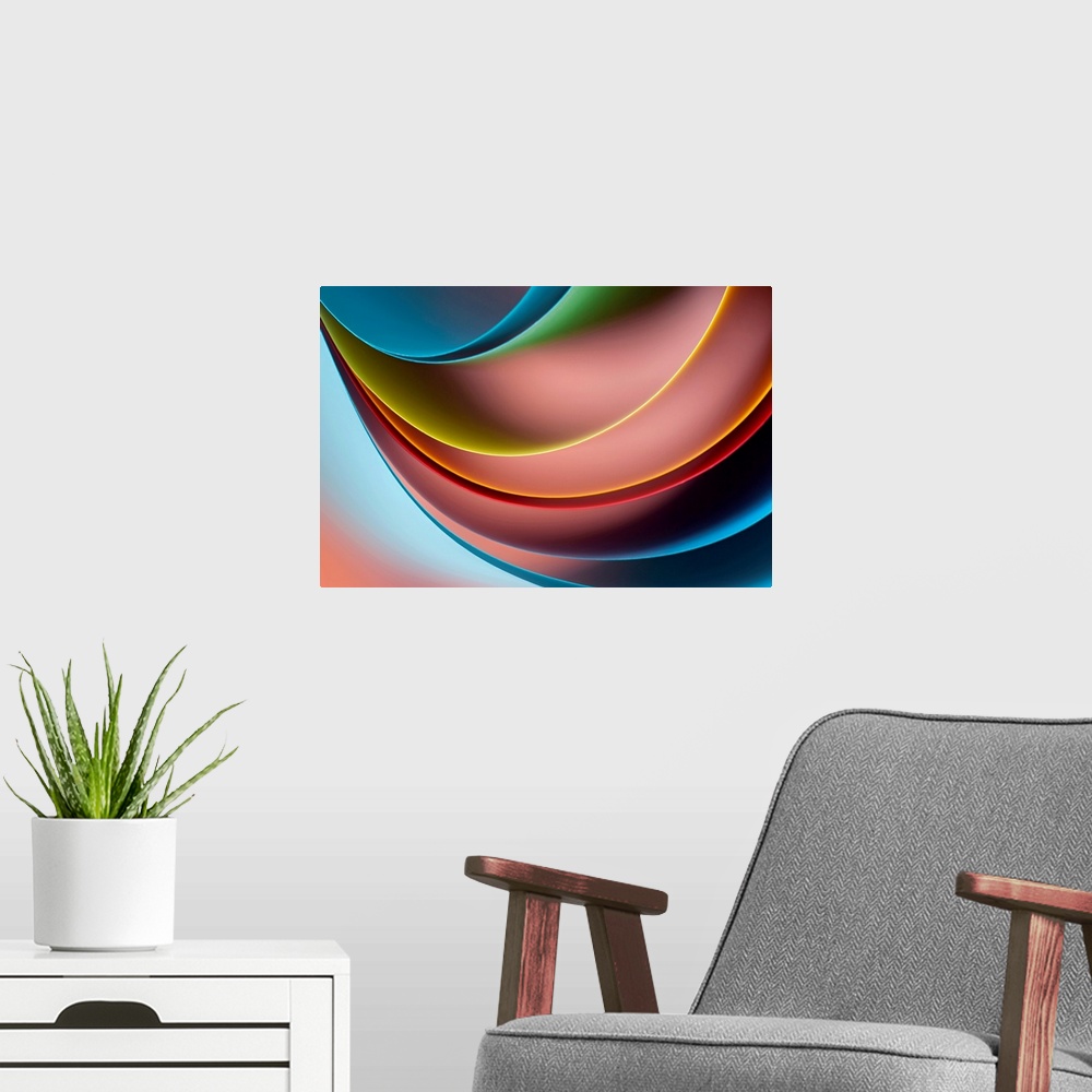 A modern room featuring Abstract artwork that uses several different curves of colors to give it a 3D appearance.