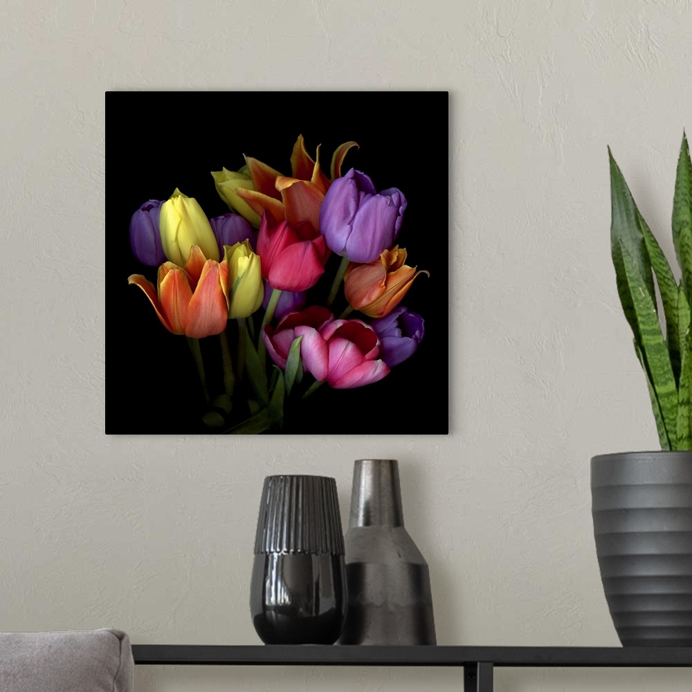 A modern room featuring Bouquet of orange, yellow, purple, red and pink tulips.