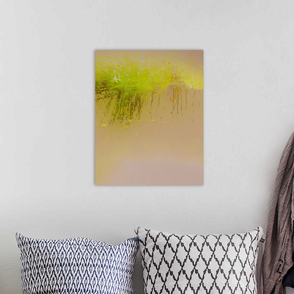 A bohemian room featuring Abstract photograph of bright green reeds reflecting into golden lit water.