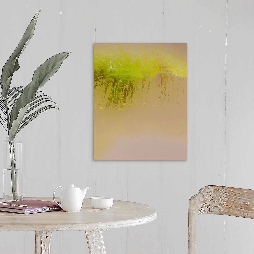 A farmhouse room featuring Abstract photograph of bright green reeds reflecting into golden lit water.