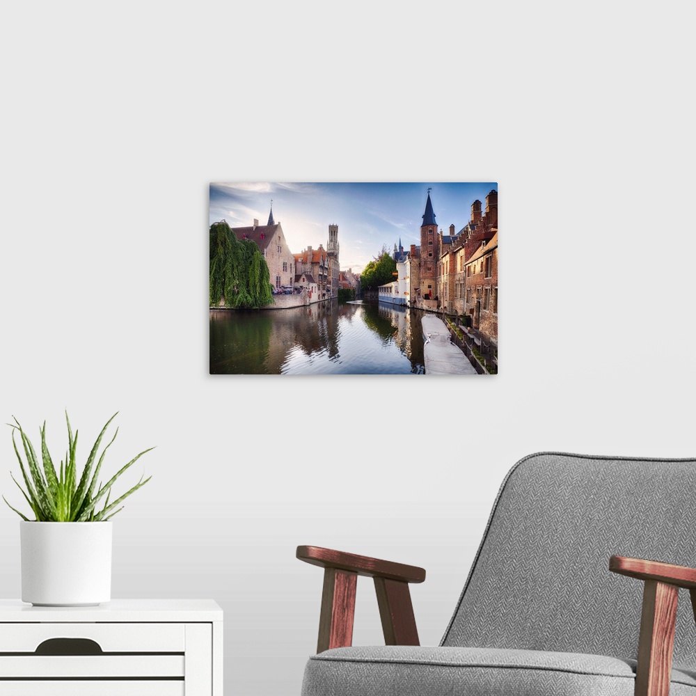A modern room featuring Bruges with water canal at Late Afternoon, Flanders, Belgium