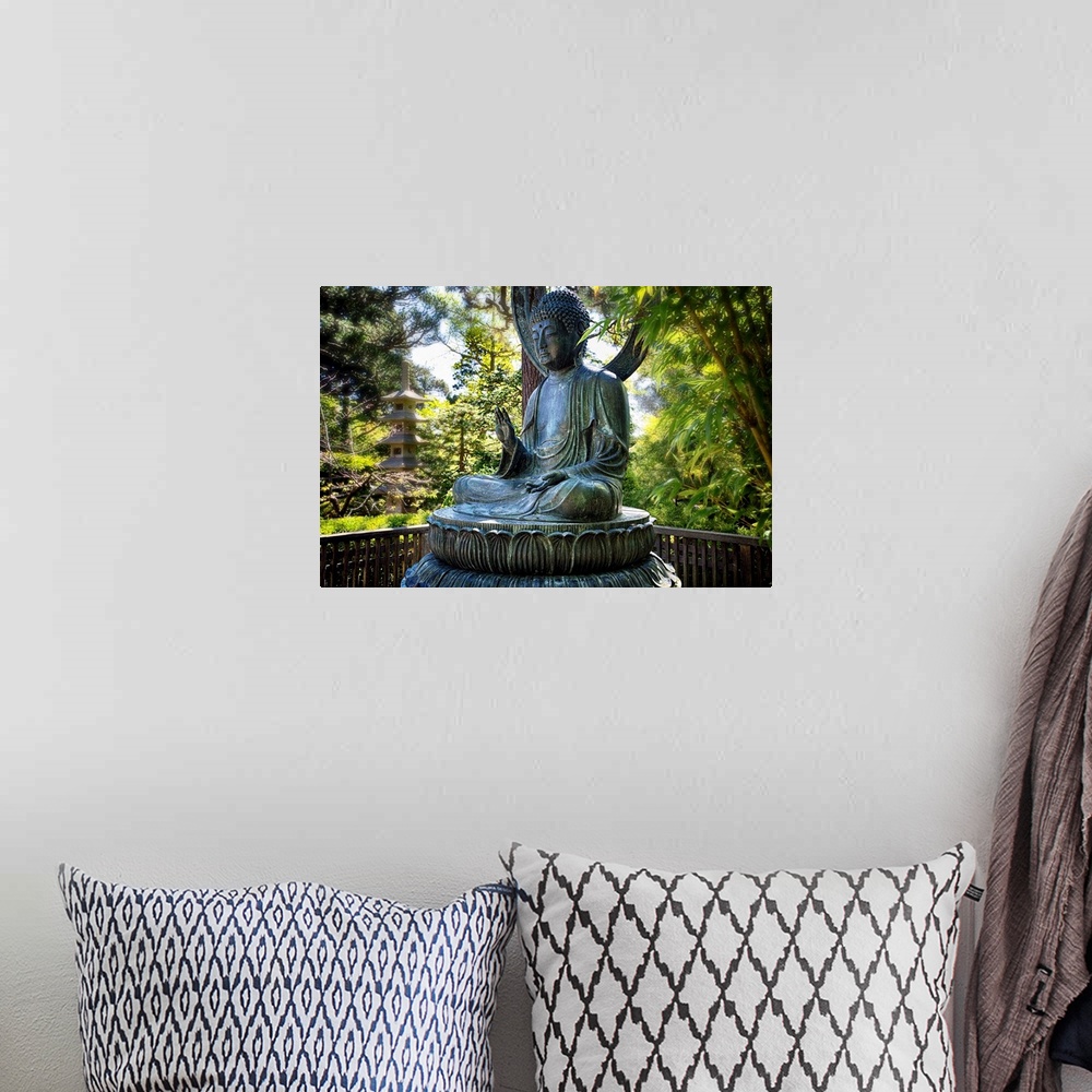 A bohemian room featuring Sitting Bronze Buddha Statue, Japanese Tea Garden, San Francisco, California.