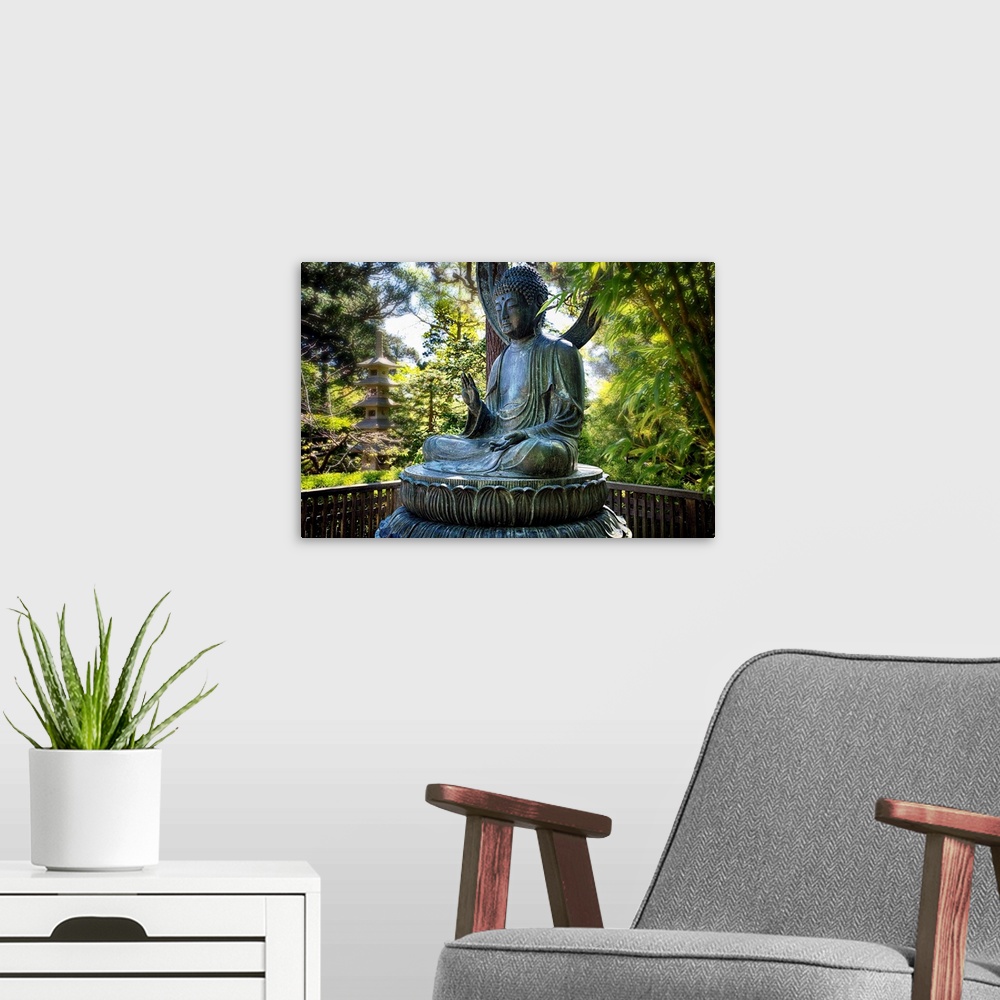 A modern room featuring Sitting Bronze Buddha Statue, Japanese Tea Garden, San Francisco, California.