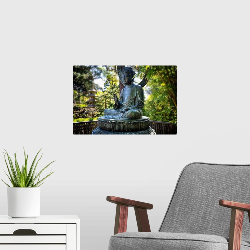 A modern room featuring Sitting Bronze Buddha Statue, Japanese Tea Garden, San Francisco, California.