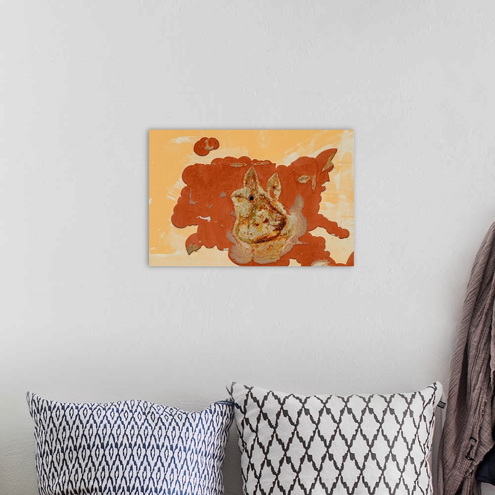 A bohemian room featuring A rust-colored spill with the shape of an abstract rabbit.