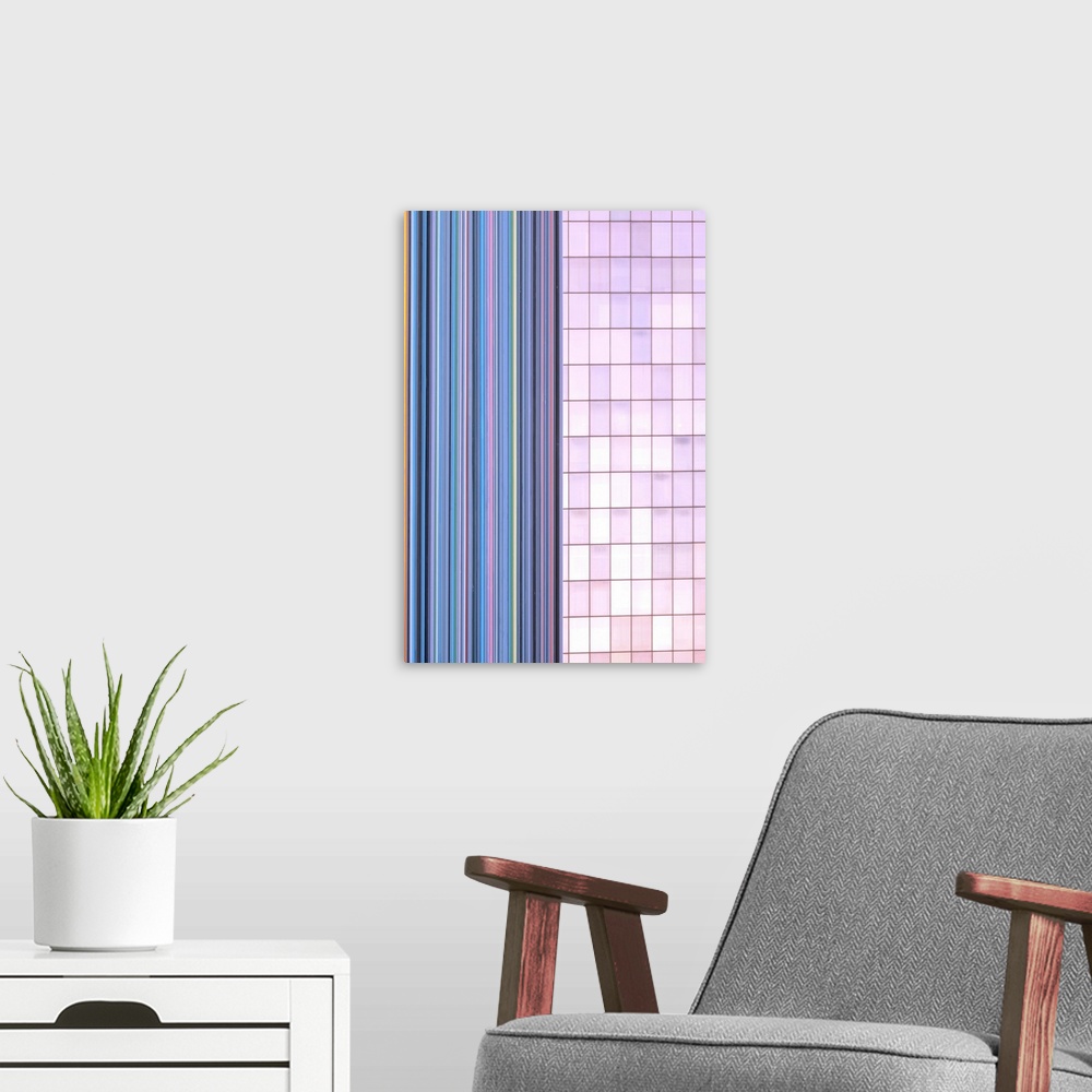 A modern room featuring An abstract view of architectural details in pink and purple.