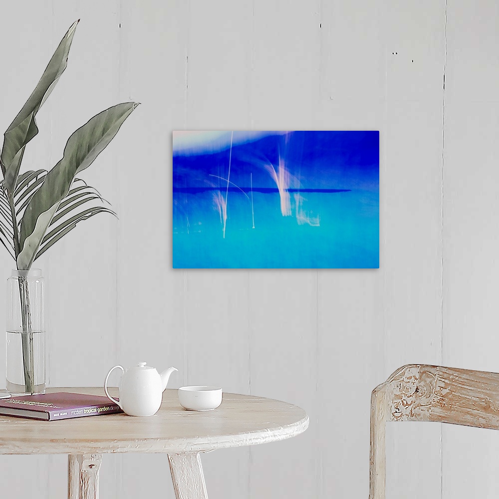 A farmhouse room featuring Abstract photograph created with blue and white hues.