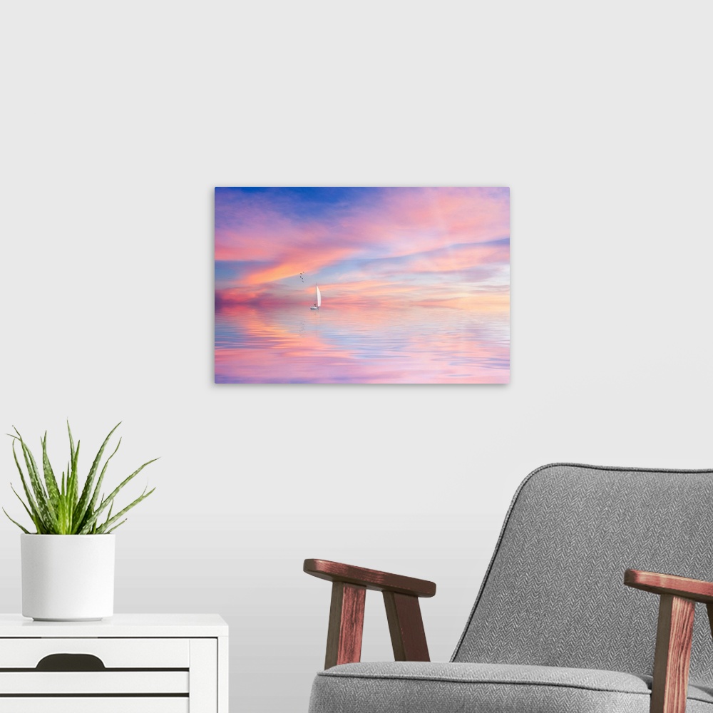 A modern room featuring Sunset with a pastel sky and a boat