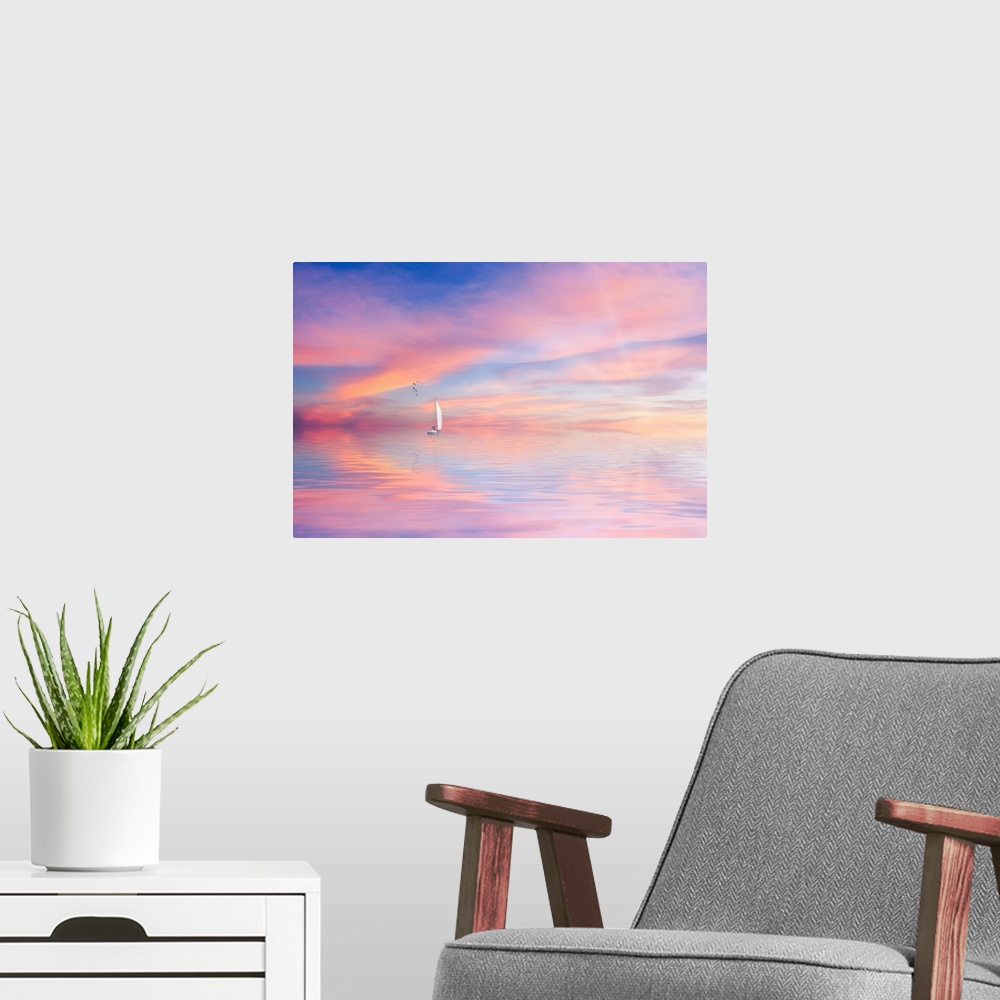 A modern room featuring Sunset with a pastel sky and a boat