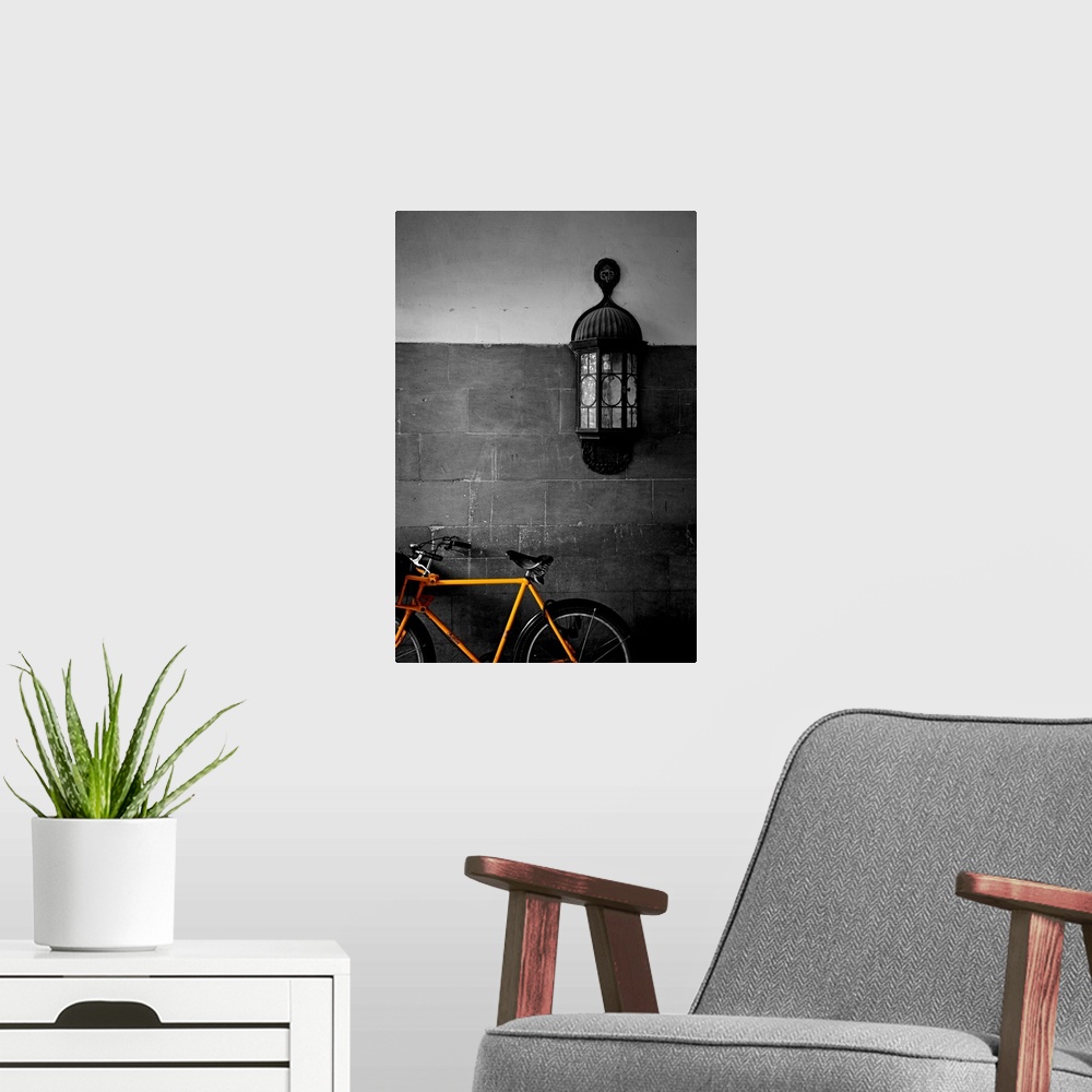 A modern room featuring Contemporary photograph of brightly colored bicycle with antique light fixture on brick wall in b...