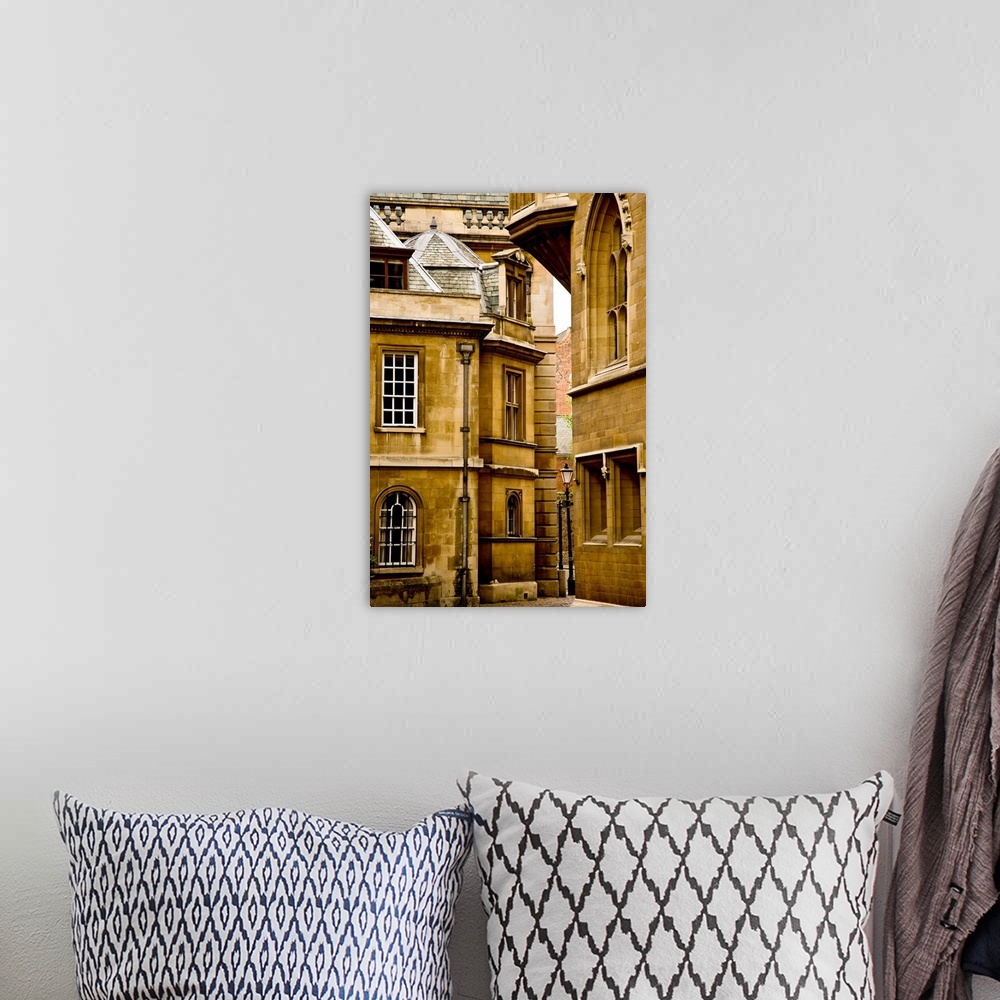 A bohemian room featuring A view of ancient buildings in yellowed stone in Cambridge, England.
