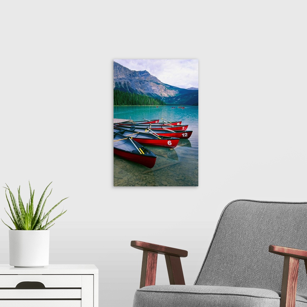 A modern room featuring Canoes  at a Dock, Emerald Lake, British Columbia, Canada
