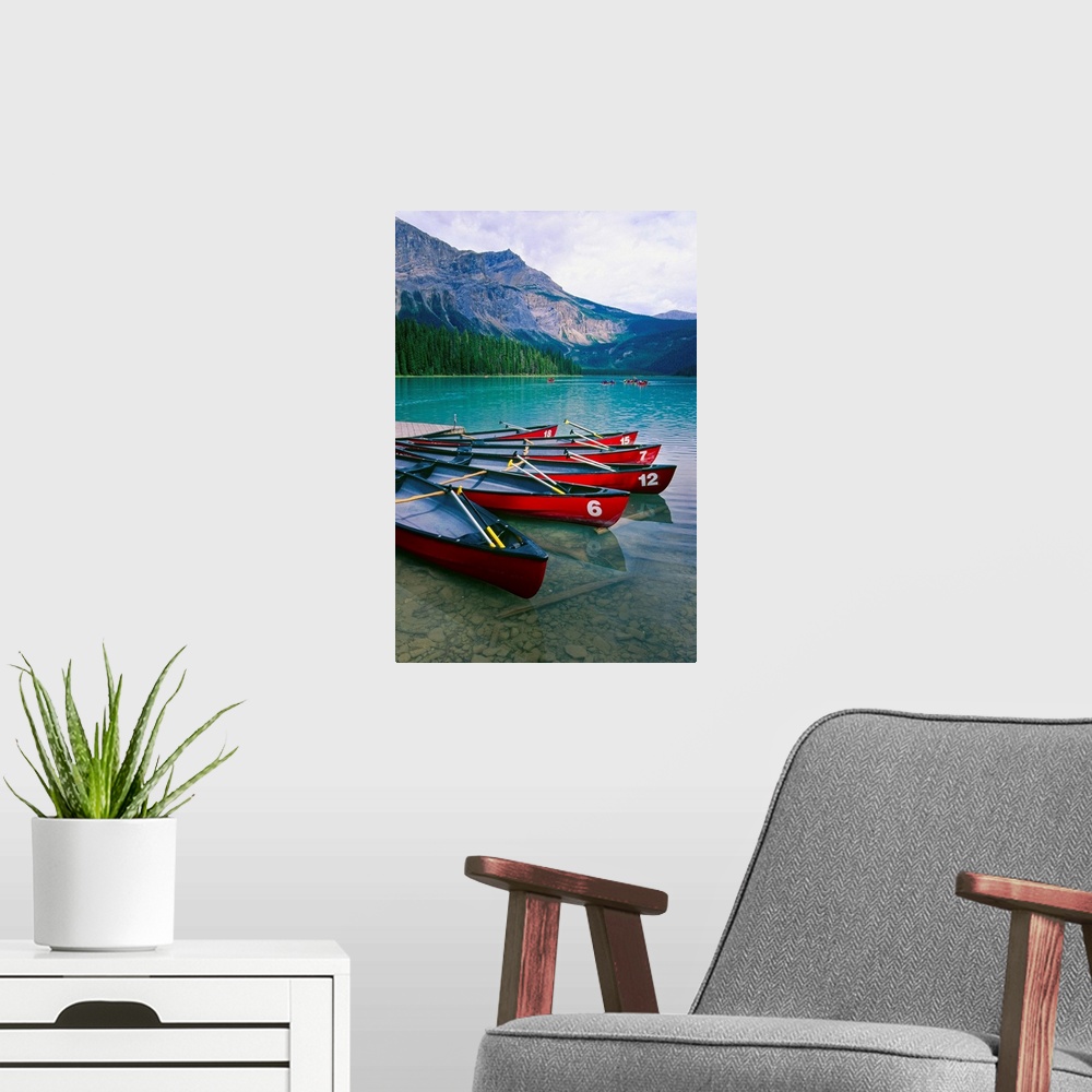 A modern room featuring Canoes  at a Dock, Emerald Lake, British Columbia, Canada