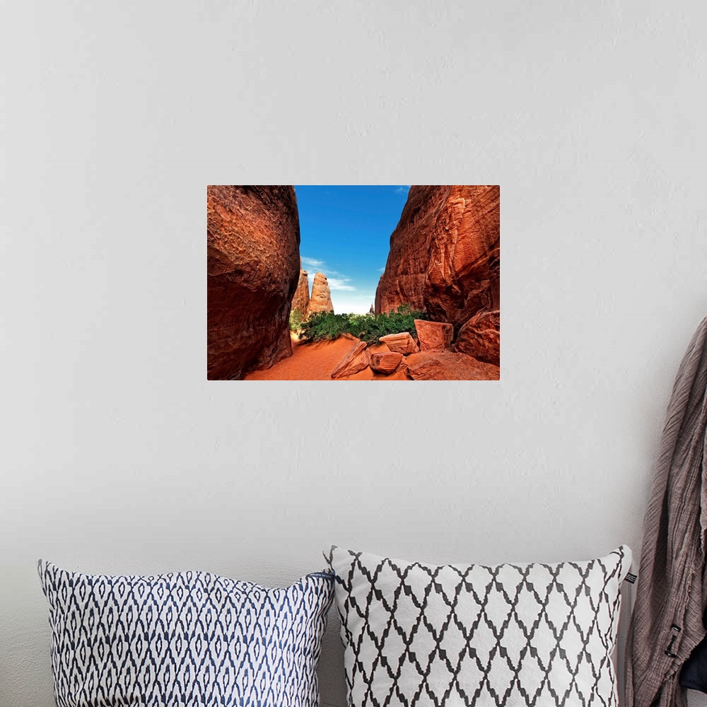 A bohemian room featuring Red Canyon with blue sky in summer