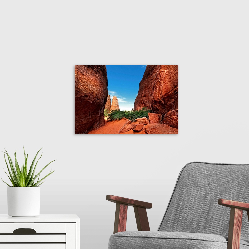 A modern room featuring Red Canyon with blue sky in summer