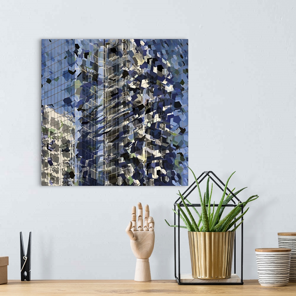 A bohemian room featuring Warped and speckled reflections of a building in the windows of a skyscraper, creating an abstrac...