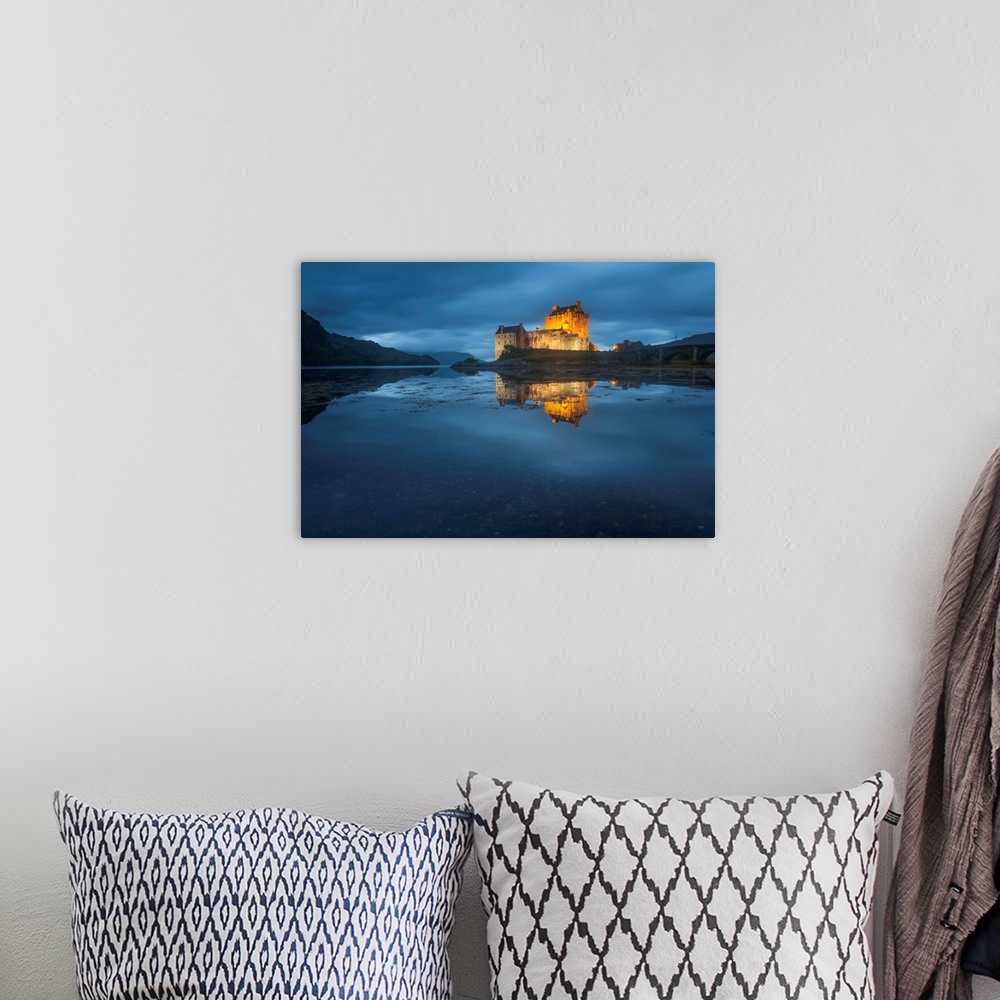 A bohemian room featuring Photograph of old castle on Eilean Donan Island over Loch Duich, with mountains in the distant ba...