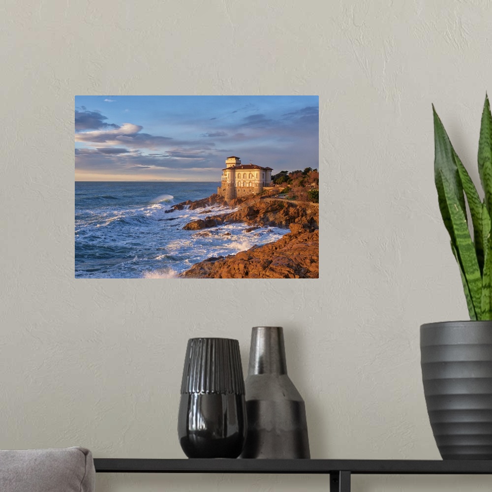 A modern room featuring This is the view from the sea of ??the Castello del Boccale in Livorno. It represents a watchtowe...
