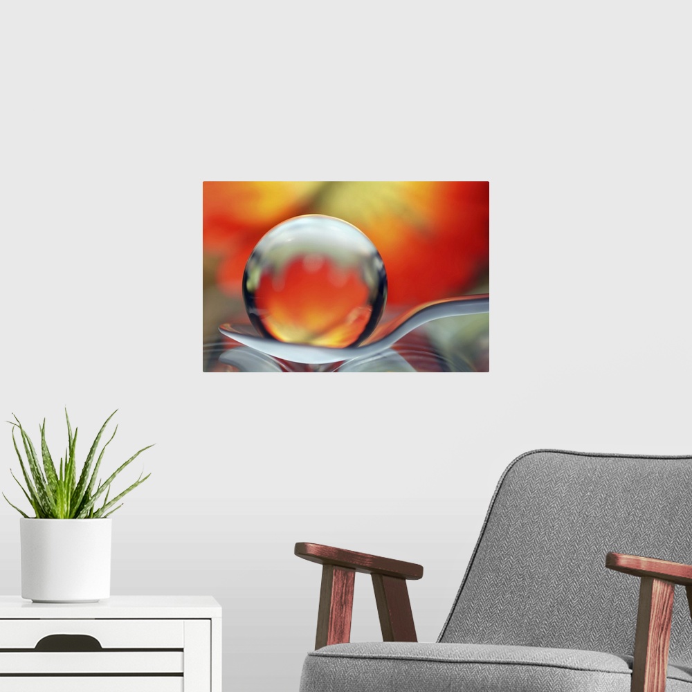 A modern room featuring A macro photograph of a water droplet sitting