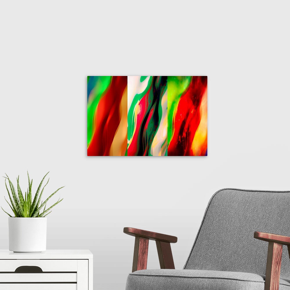 A modern room featuring Three panel abstract image in shades of red and green.