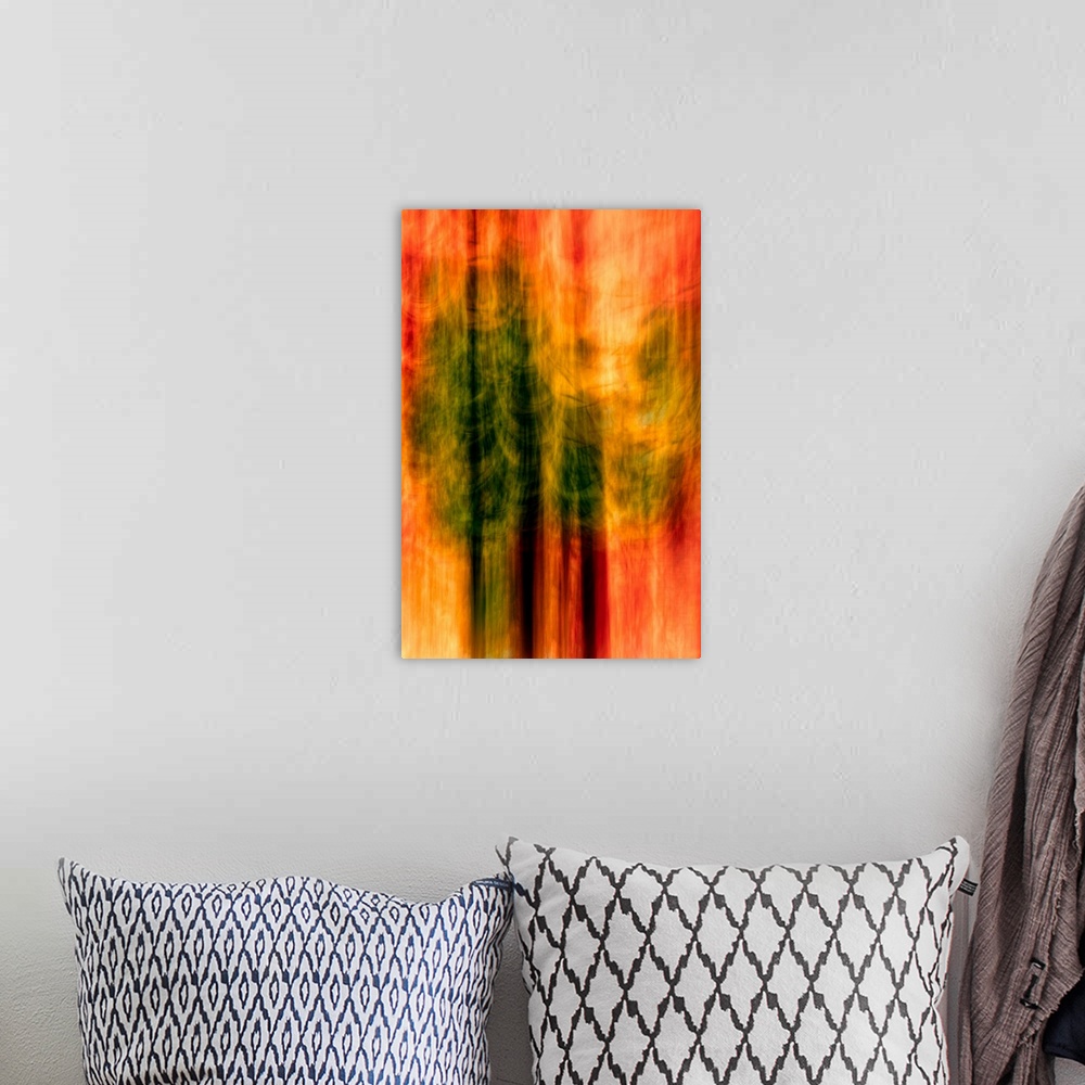 A bohemian room featuring Blurred motion photograph of trees in deep red light, from Ursula Abresch's Impressionist Trees S...