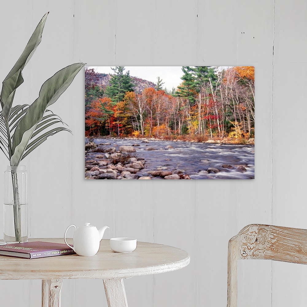A farmhouse room featuring This landscape photograph shows water running rapidly through a rock filled river bed lined with ...