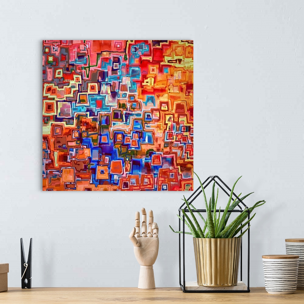 A bohemian room featuring Square abstract art in the style of Paul Klee, with vibrant colors and fun shapes.