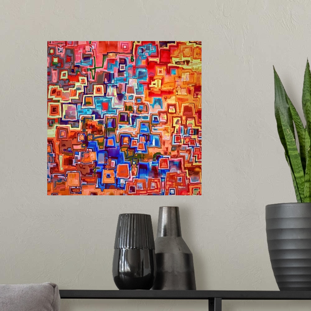 A modern room featuring Square abstract art in the style of Paul Klee, with vibrant colors and fun shapes.