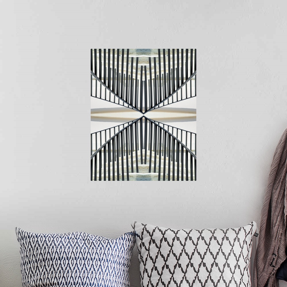 A bohemian room featuring An Escher-like abstract geometric photograph of a Charleston South Carolina church stairway using...