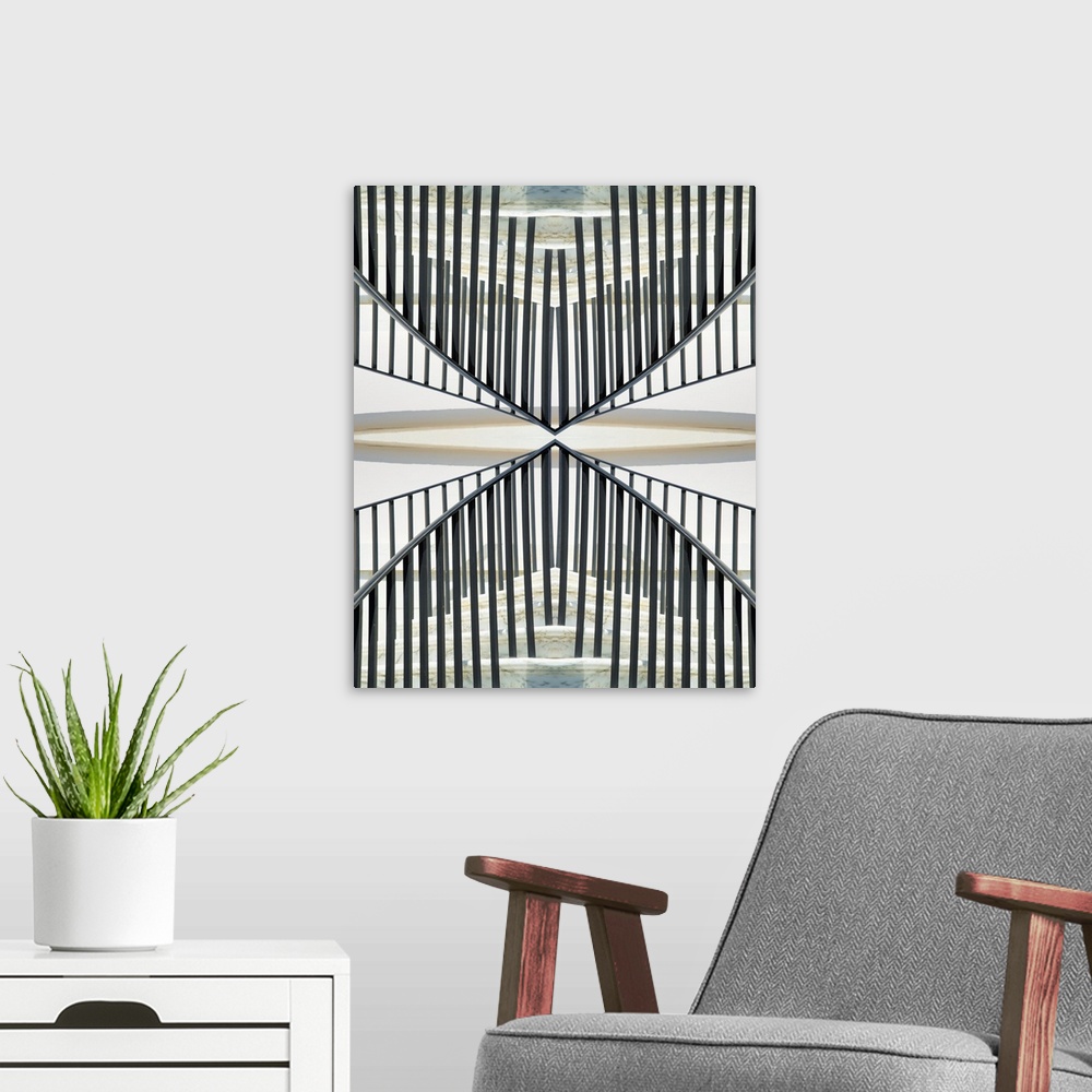 A modern room featuring An Escher-like abstract geometric photograph of a Charleston South Carolina church stairway using...
