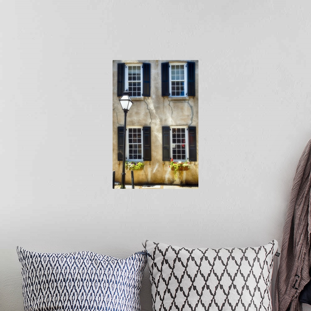 A bohemian room featuring Frontal View of a Historic Home with Windows, Charleston, South Carolina