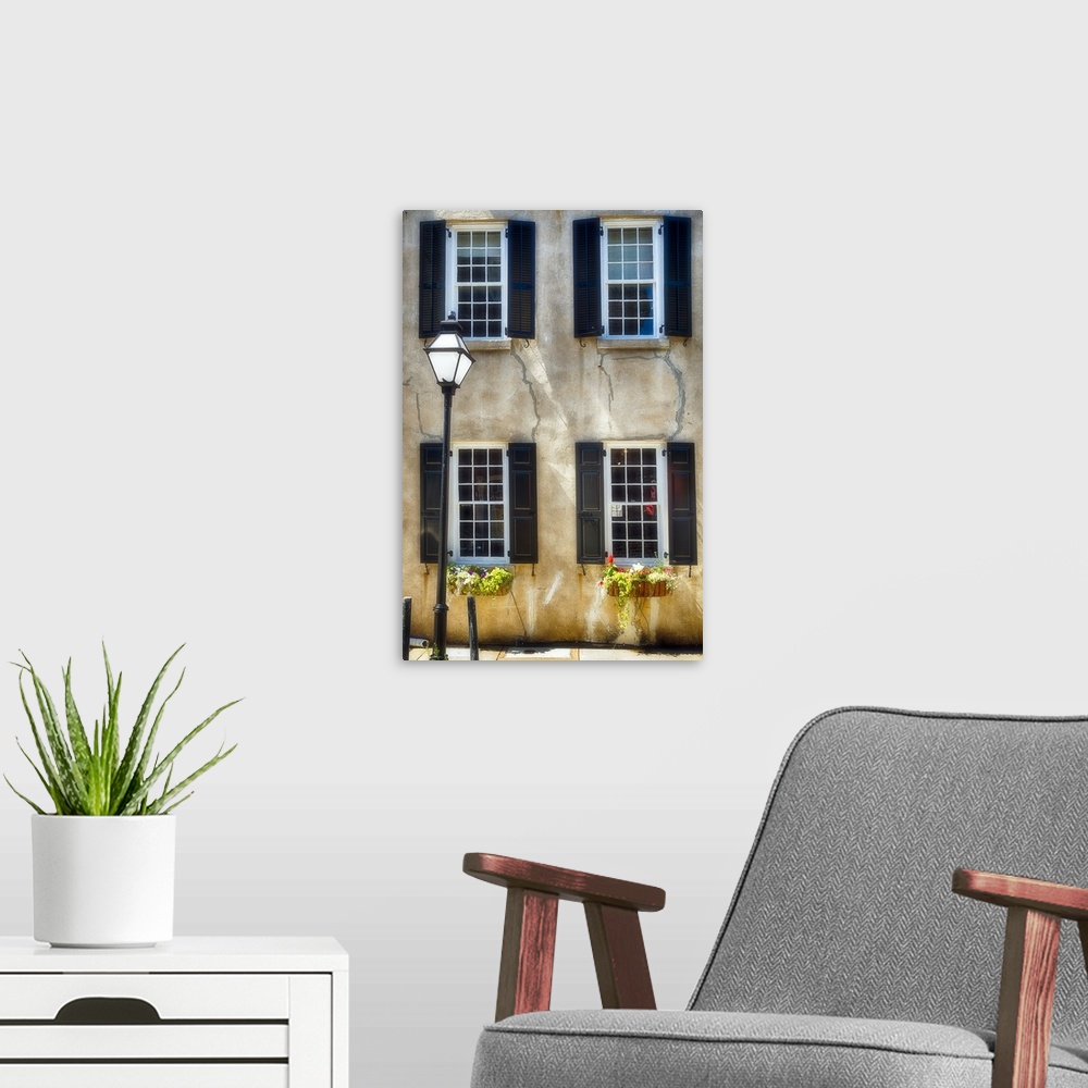A modern room featuring Frontal View of a Historic Home with Windows, Charleston, South Carolina