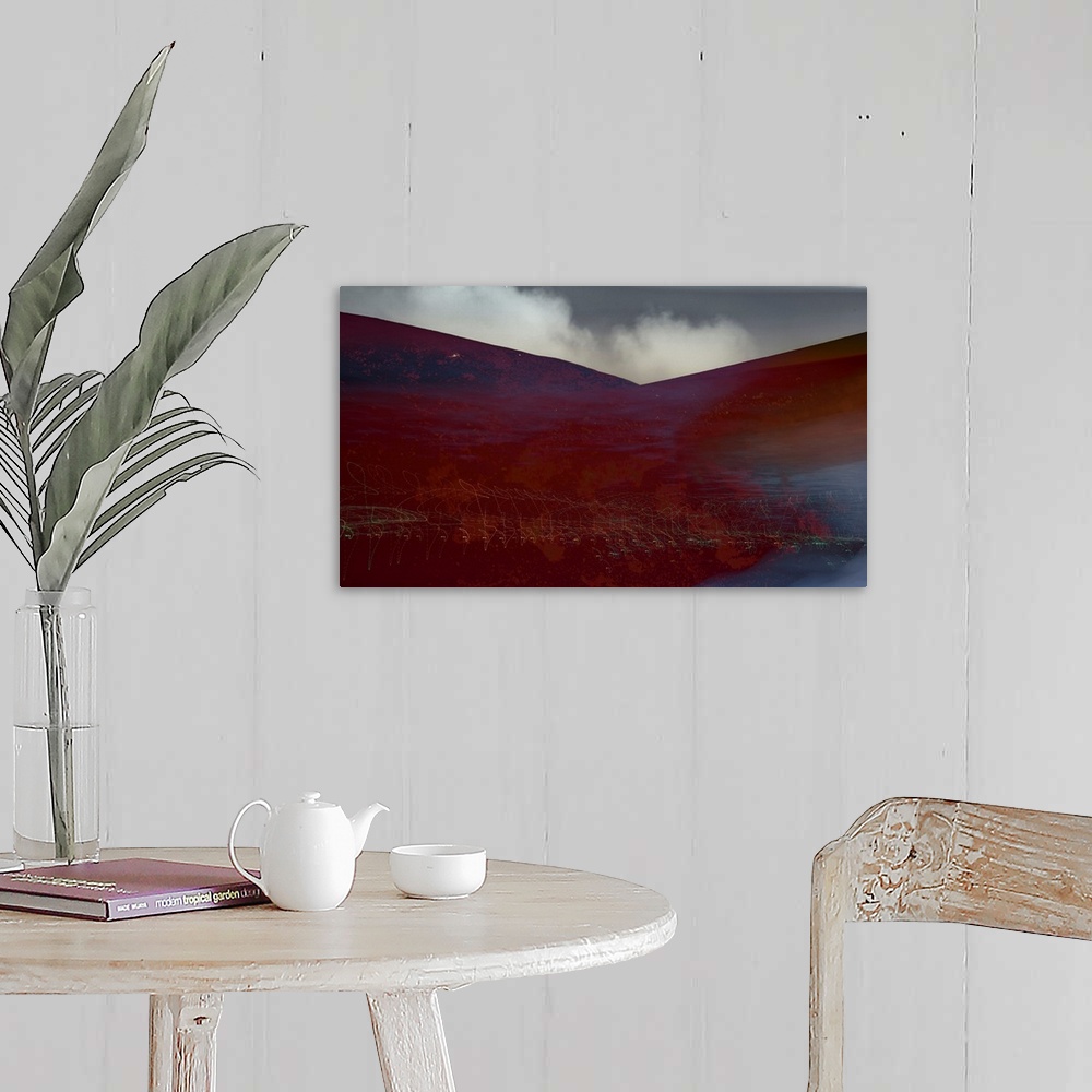 A farmhouse room featuring Photograph of an abstract landscape with rusted red hills and light trails, created with multiple...