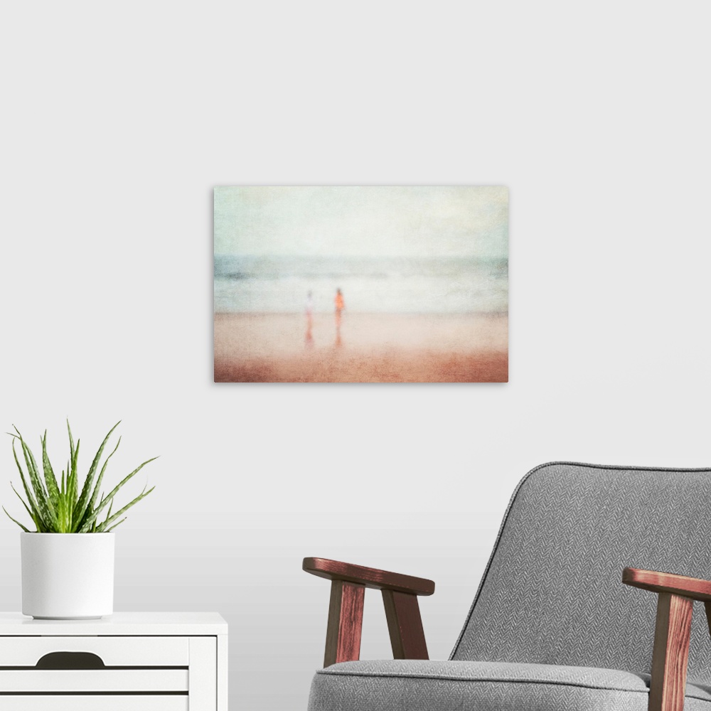 A modern room featuring A vintage seaside holiday vacation dream image of two children playing on a beach in blurry soft ...