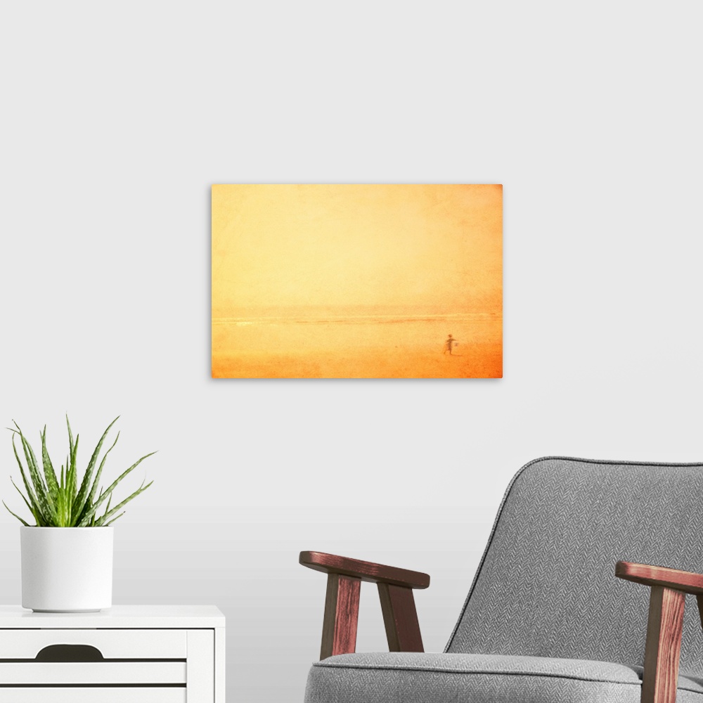 A modern room featuring A dreamlike shimmering hazy yellow gold image of a child playing on a beach in the sun on holiday...