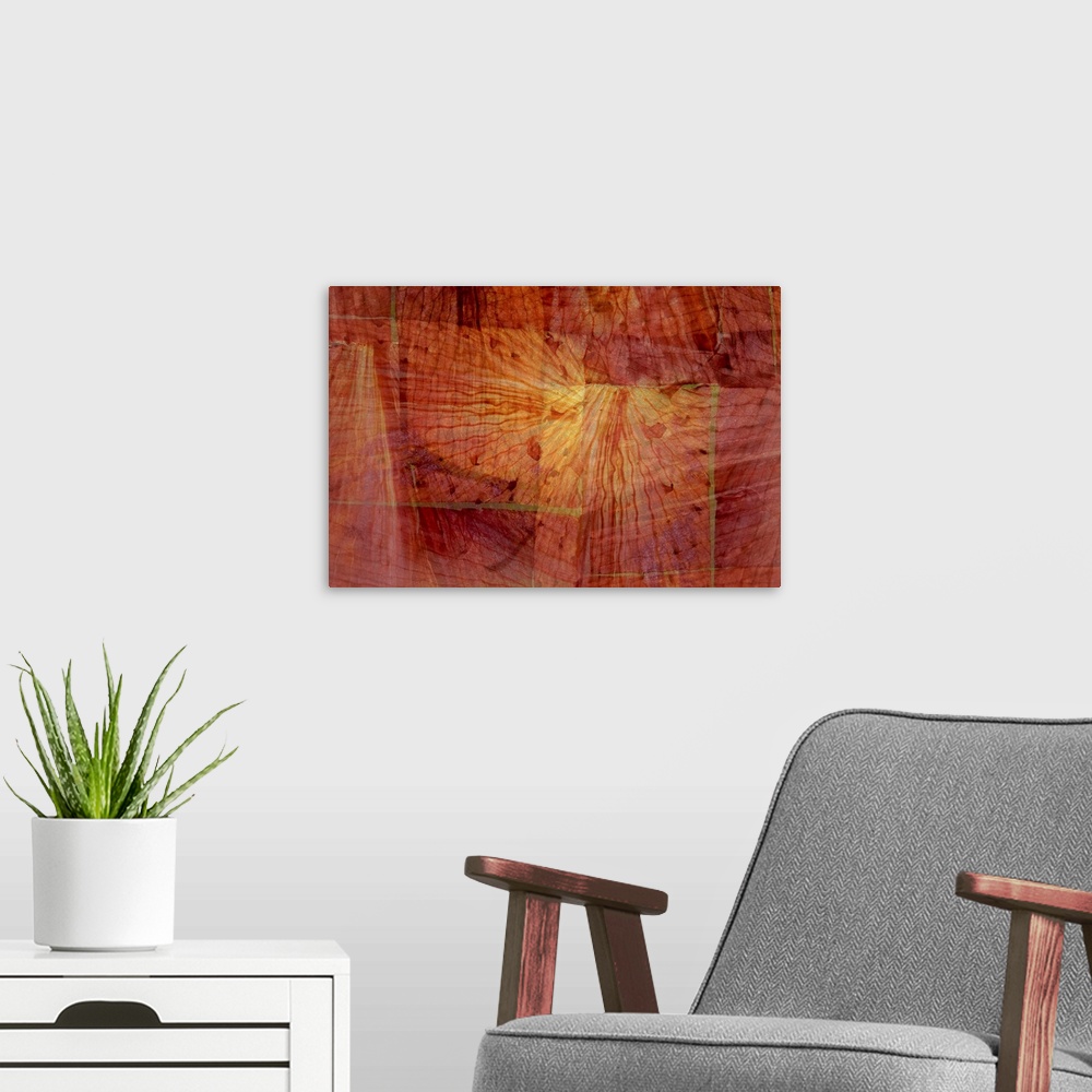 A modern room featuring Abstract art in shades of red, orange, and yellow with a faded wood grain background and a dreaml...
