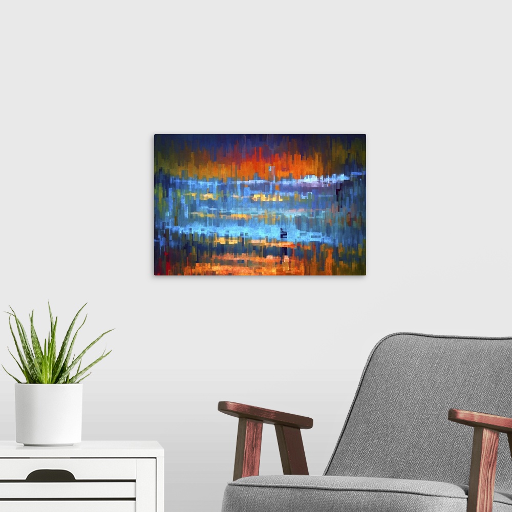 A modern room featuring Bright orange and blue lights from a city scene warped into stretched, square shapes to create an...