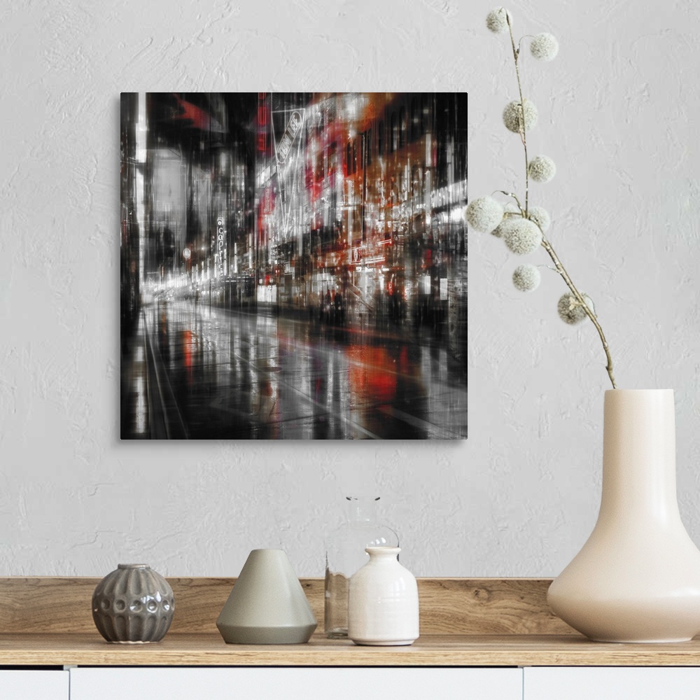 A farmhouse room featuring Conceptual image of a rainy city street scene at night in multiple exposures, creating an illusio...