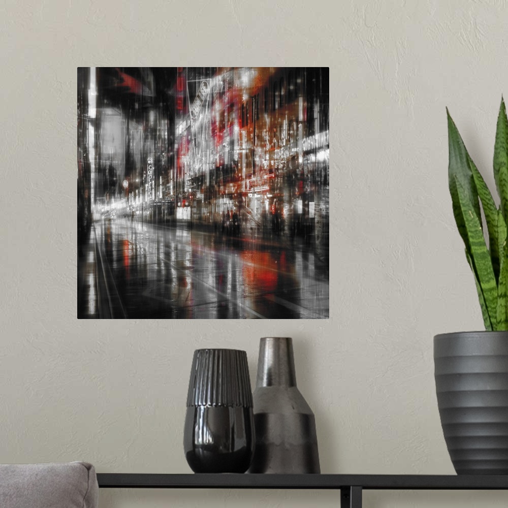 A modern room featuring Conceptual image of a rainy city street scene at night in multiple exposures, creating an illusio...