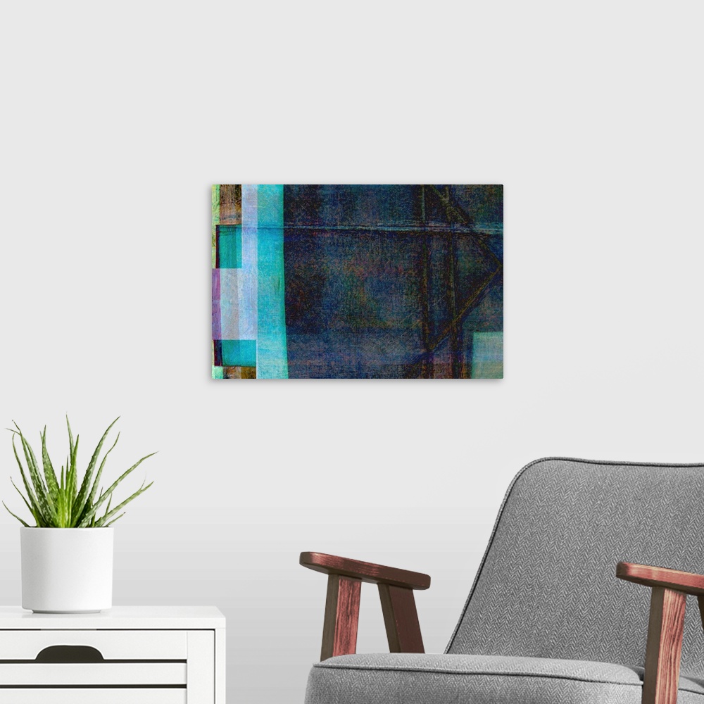 A modern room featuring A contemporary abstract of rectangular forms in shades of blue, turquoise and brown.